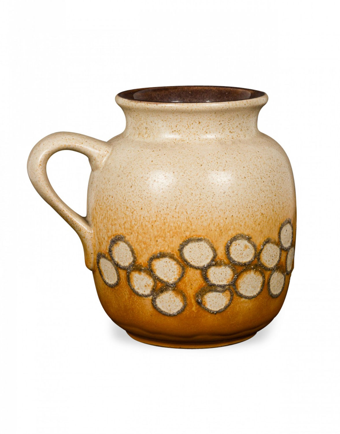 Strehla Keramik East German Mid Century Banded Circle Design Brown and Beige Ceramic Pitcher
