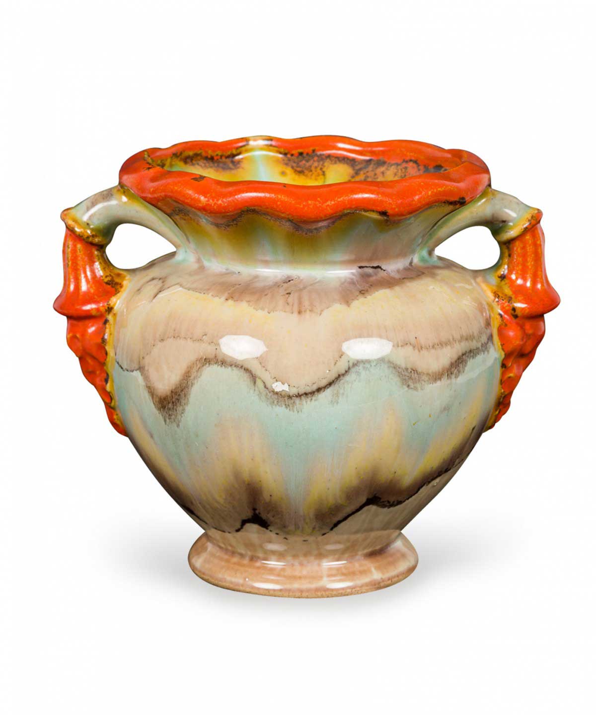 Ilkra Edel Keramik West German Mid Century Red, Beige, and Blue Handled Ceramic Urn