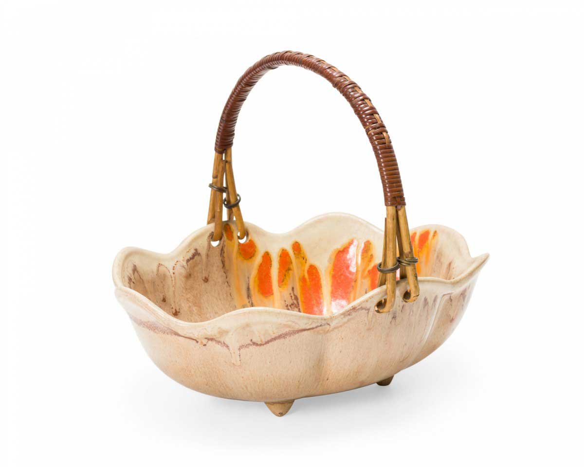 German Mid Century Beige, Orange, and Brown Glazed Rattan Handle Ceramic Basket
