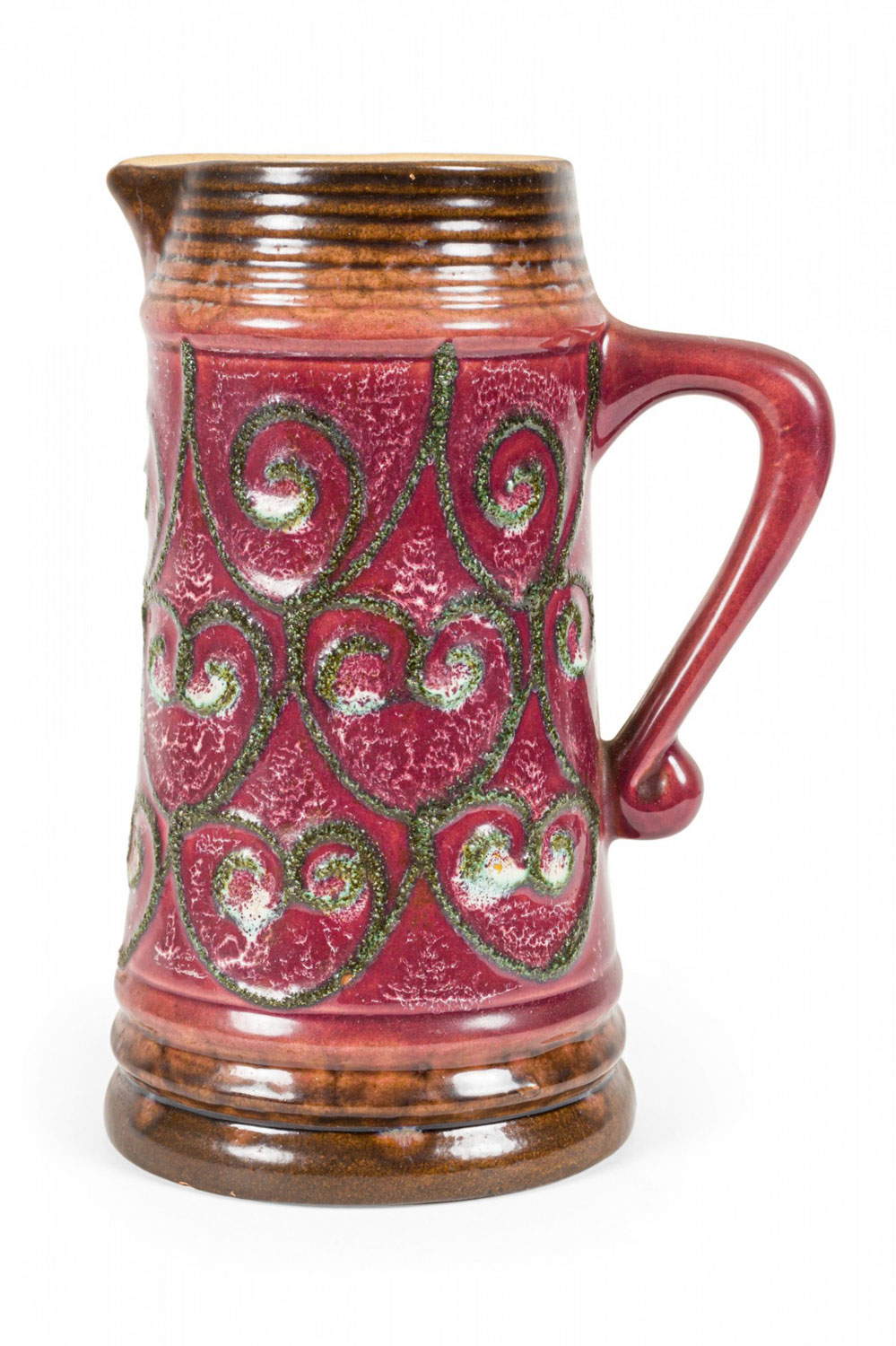 Strehla Keramik East German Mid Century Green Raised Spiral Design Burgundy Glazed Ceramic Pitcher
