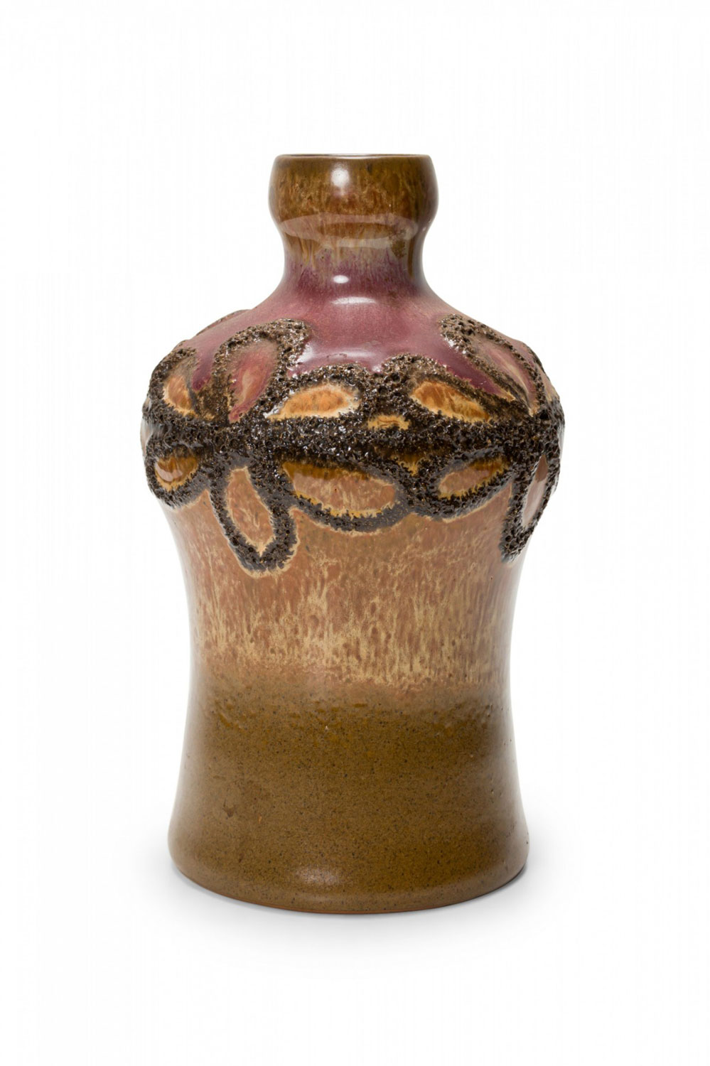 Strehla Keramik East German Mid Century Raised Brown Floral Design Mottled Brown Glazed Ceramic Vase