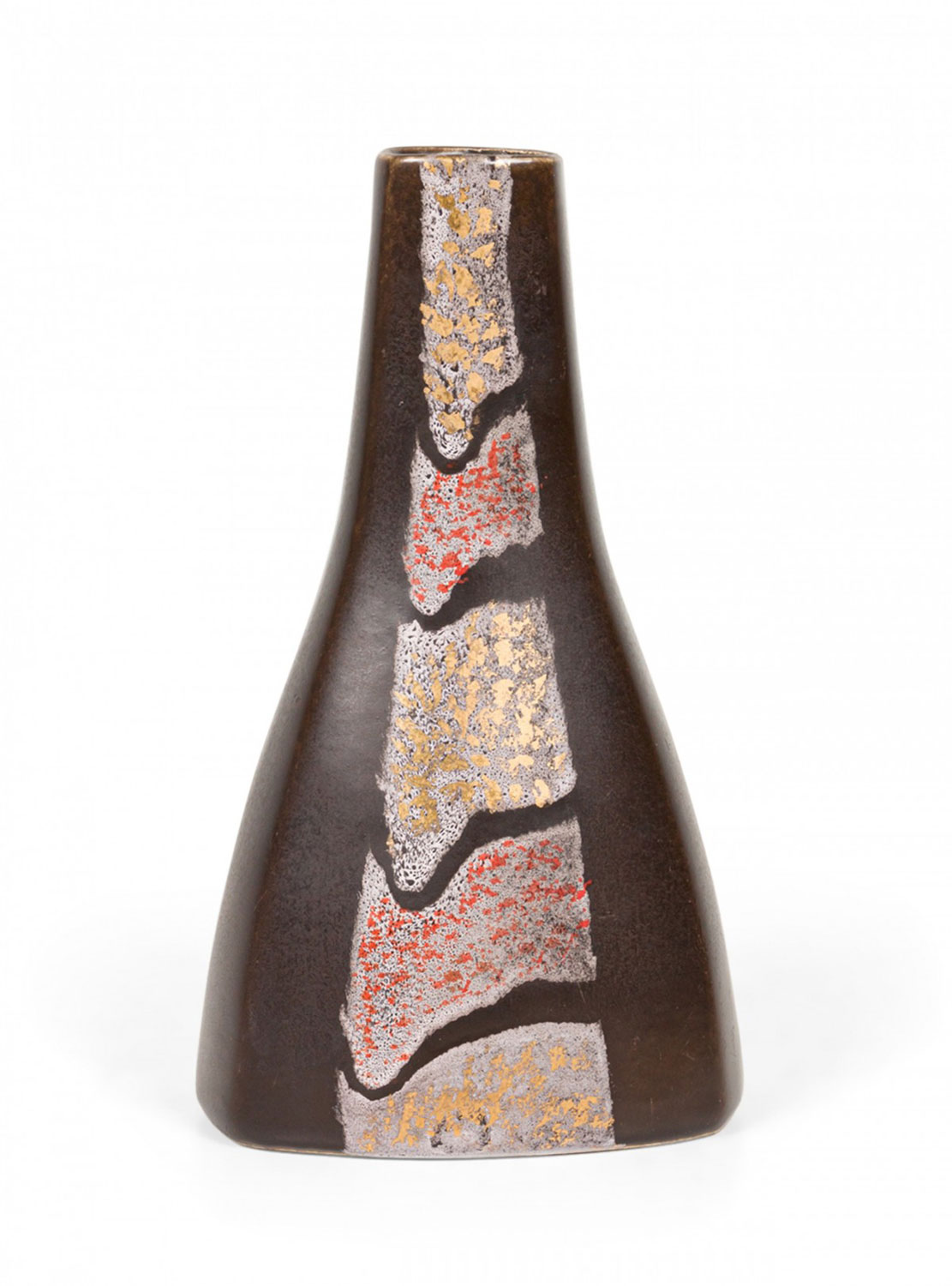 Strehla Keramik East German Mid Century Metallic Square Design Dark Brown Ceramic Vase