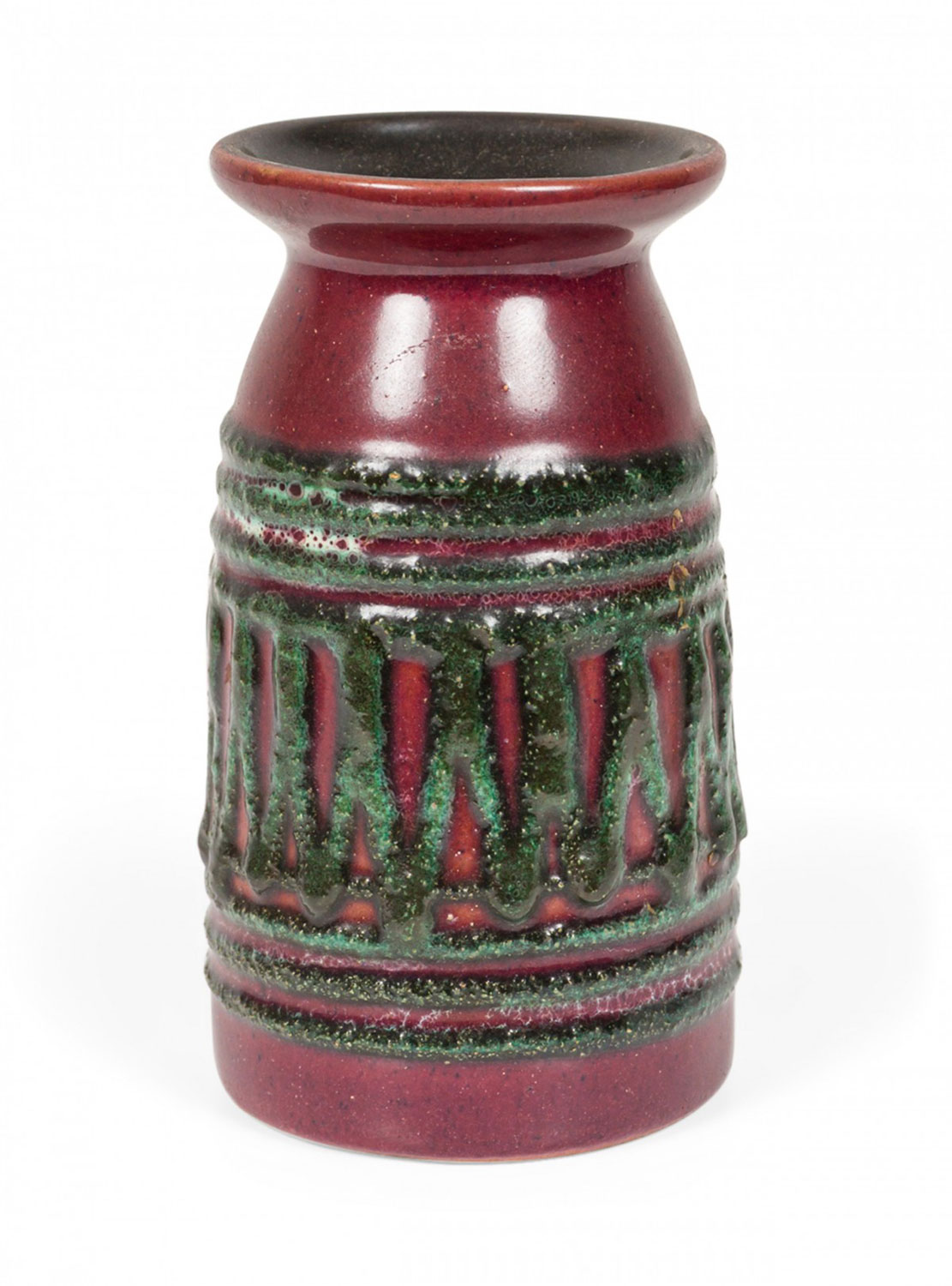 Strehla Keramik East German Mid Century Raised Green Zig Zag and Line Banded Red Glazed Ceramic Vase