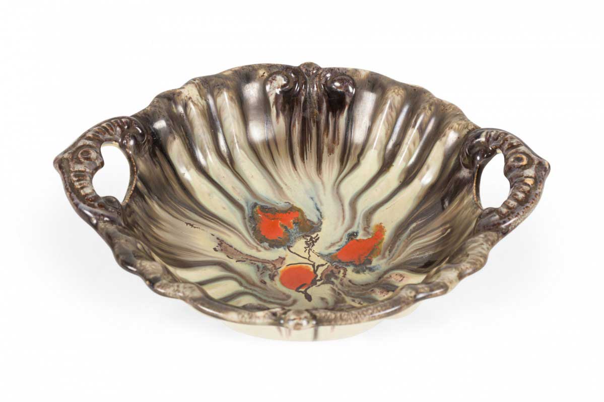 German Mid Century Black, Beige and Red Marbled Glazed Ceramic Handled Dish