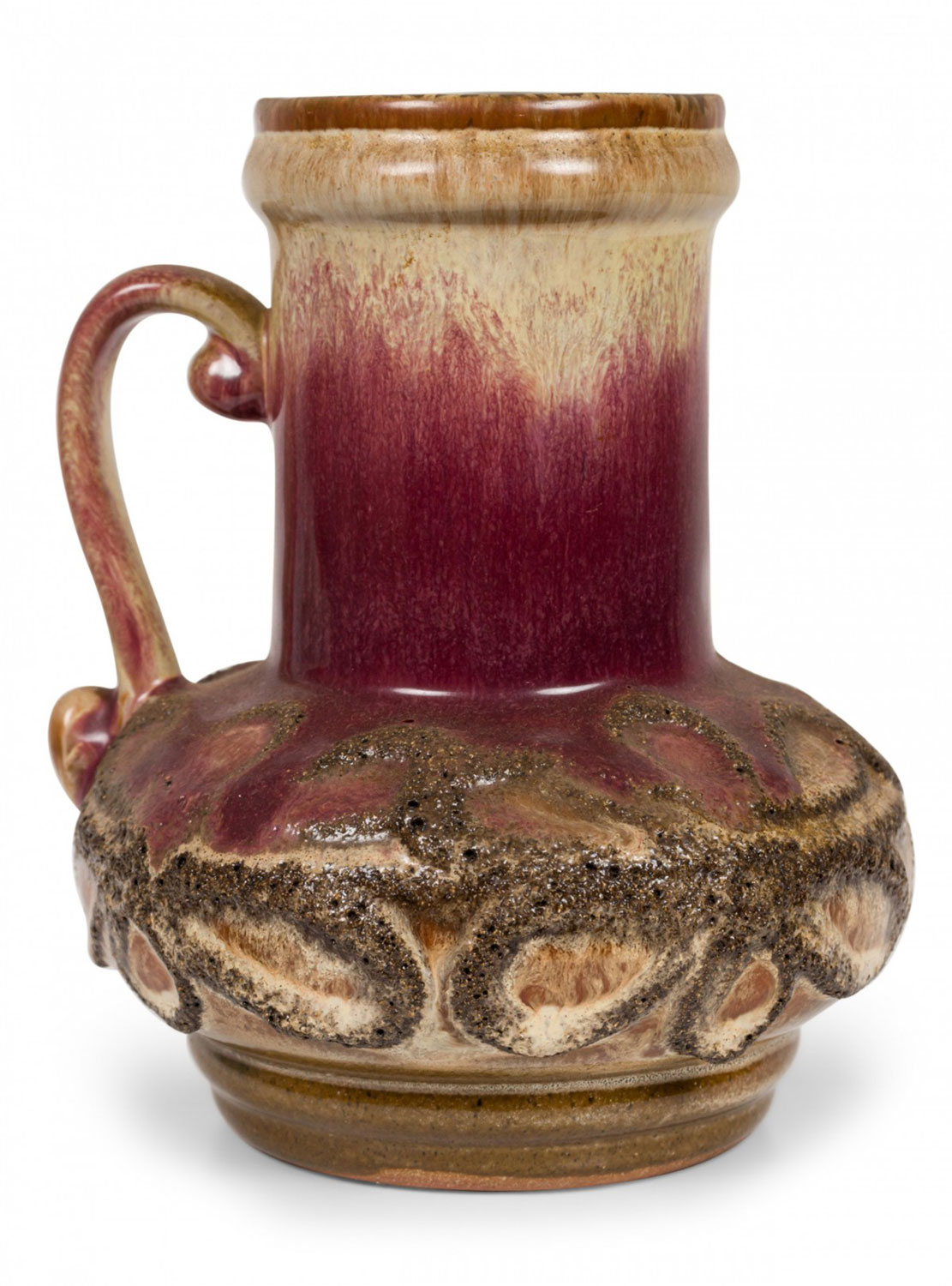 Strehla Keramik East German Mid Century Brown and Beige Raised Floral Design Ceramic Pitcher