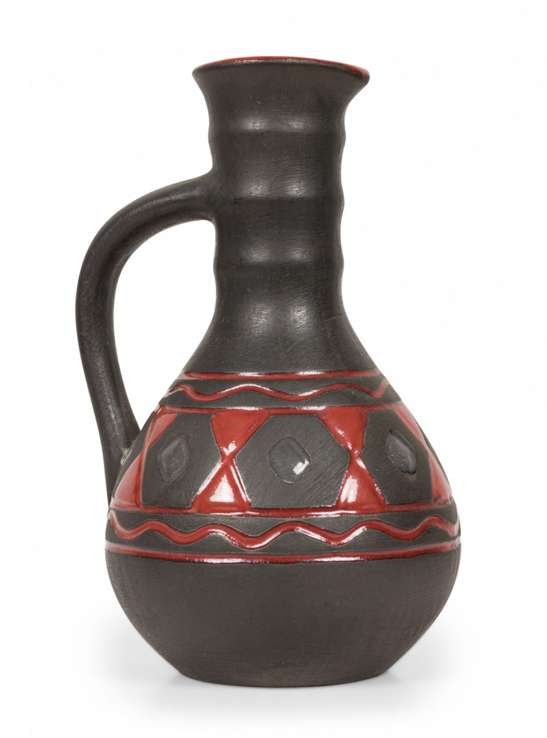 German Mid Century Red and Black Diamond Pattern Banded Black Ceramic Pitcher