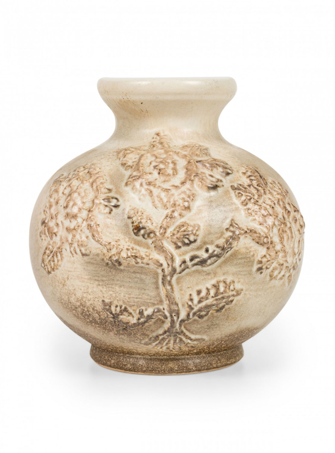 Dumler Breiden West German Mid Century Raised Textured Floral Design Beige Ceramic Vase