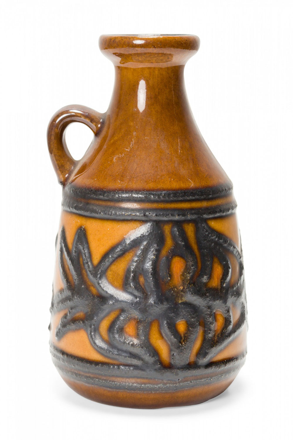 Strehla Keramik East German Mid Century Raised Green Design and Brown Glazed Ceramic Jug