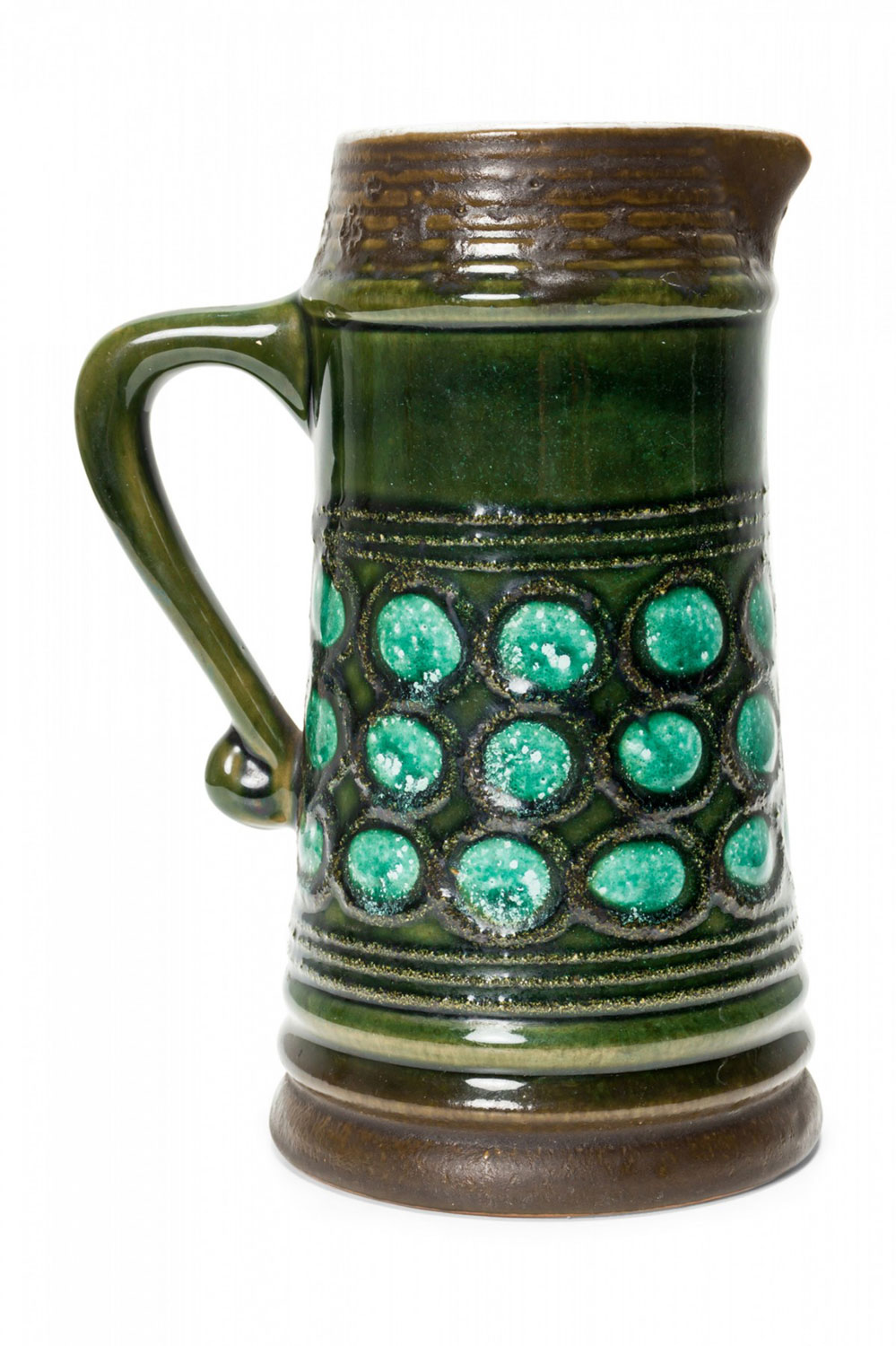Strehla Keramik East German Mid Century Light and Dark Green Circle Design Glazed Ceramic Pitcher
