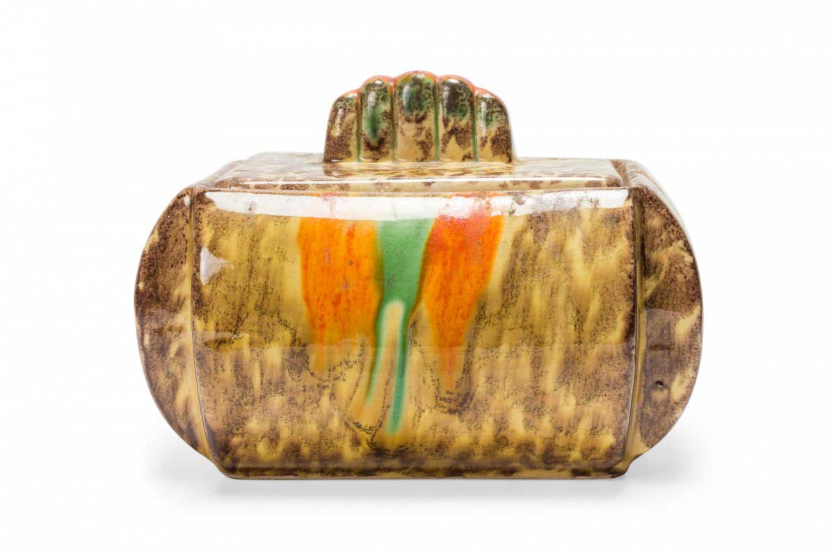 German Mid Century Brown Beige Orange and Green Speckle Glazed Ceramic Lidded Box