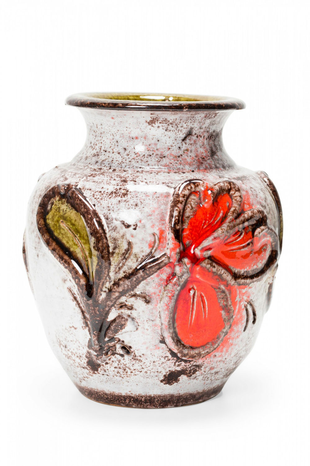 German Mid Century Flower and Leaf Design Red, Green, and Mottled Gray Glazed Ceramic Vase