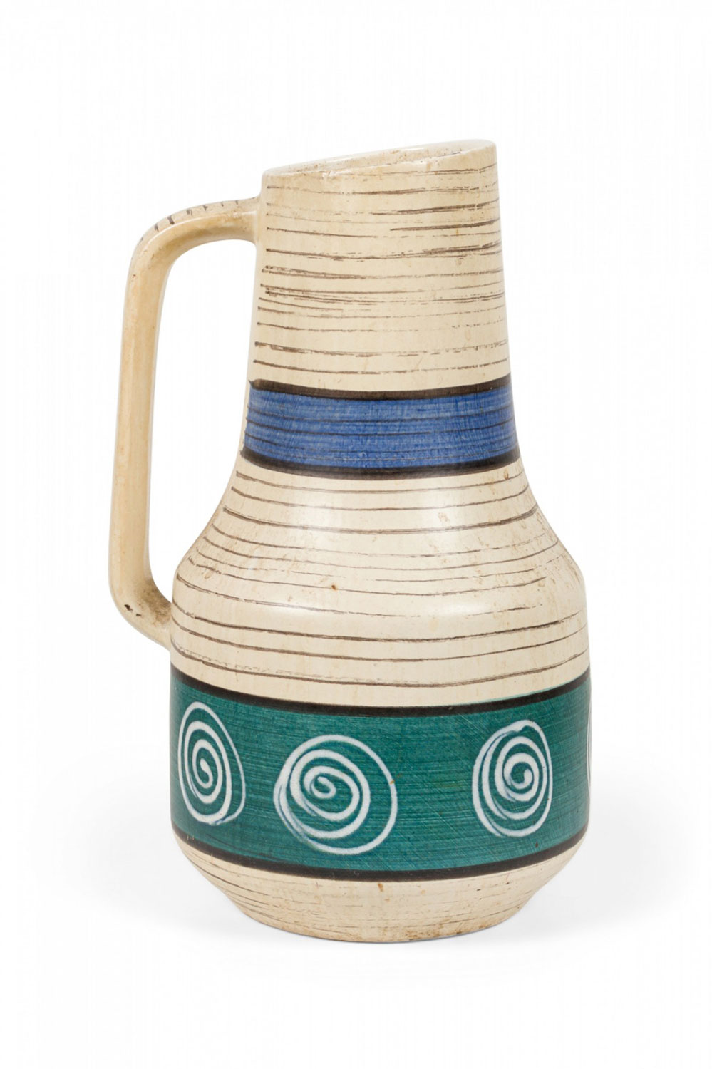 Scheurich West German Mid Century Blue Green and Beige Banded Design Ceramic Pitcher