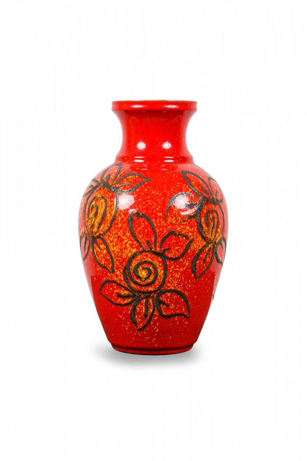 Bay Keramik West German Mid Century Hand Painted Black Floral Pattern and Red Glazed Ceramic Vase