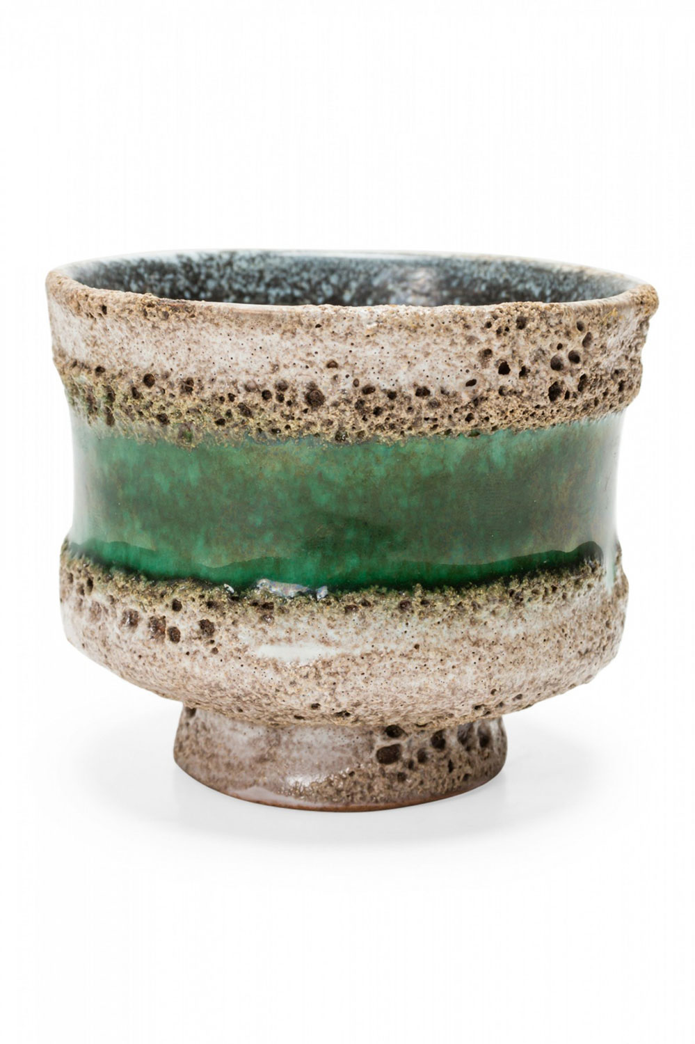 Strehla Keramik East German Mid Century Fat Lava Pitted Beige and Green Stripe Glazed Ceramic Pot