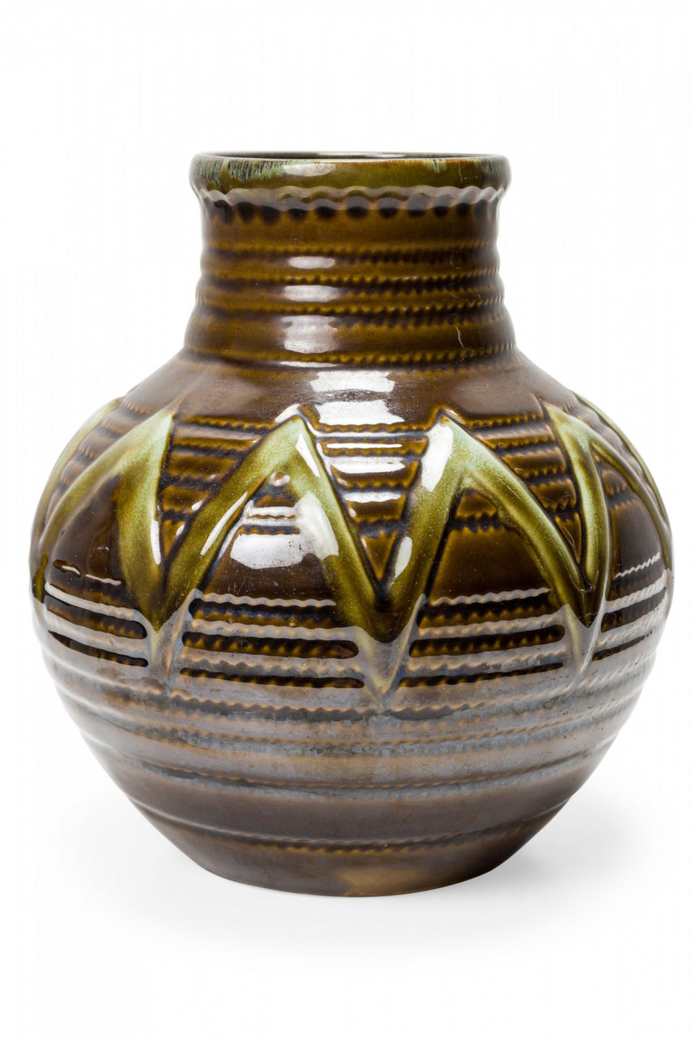 Strehla Keramik East German Mid Century Ribbed Green Zig Zag Pattern Brown Glazed Ceramic Vase