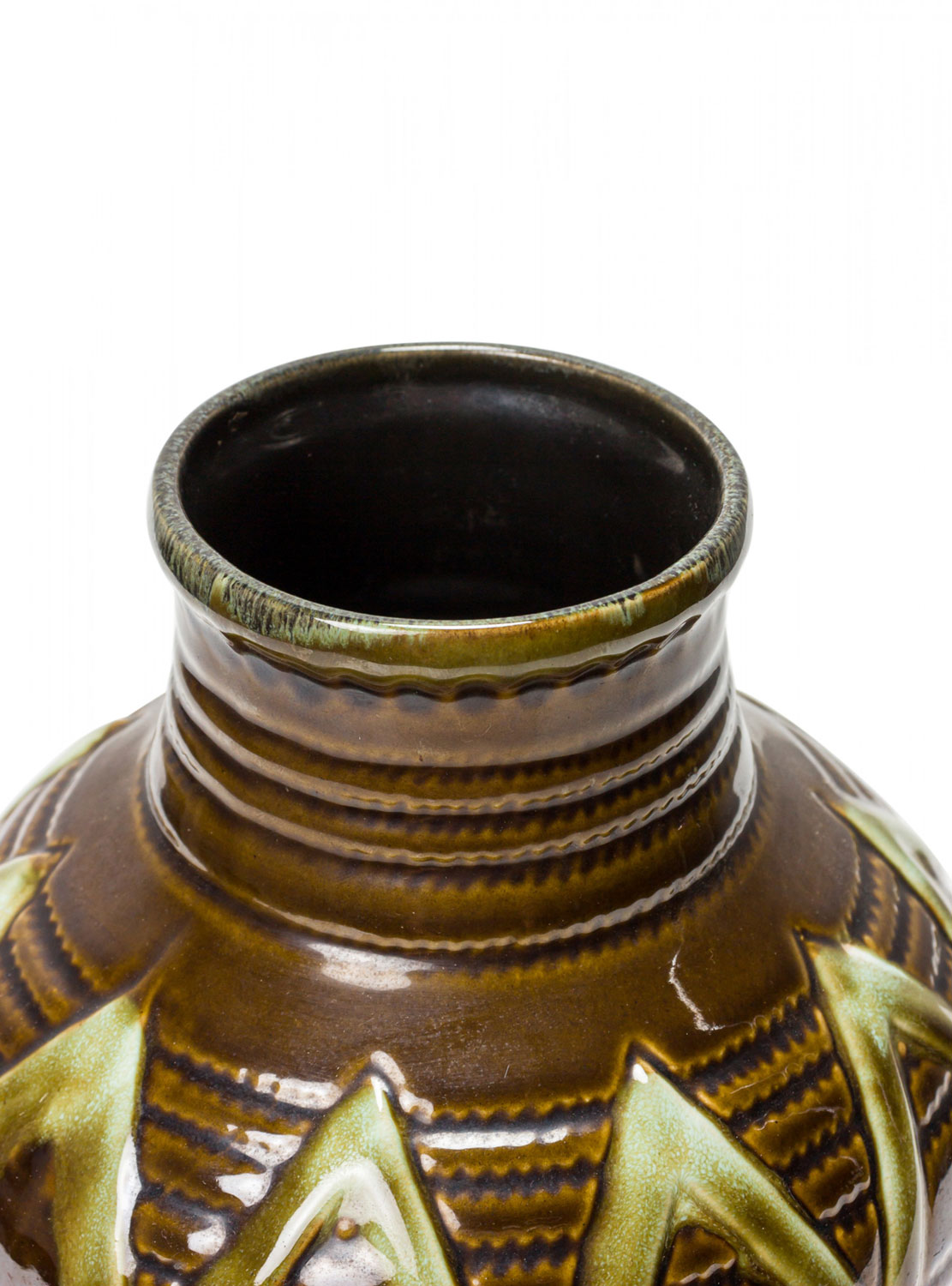 Strehla Keramik East German Mid Century Ribbed Green Zig Zag Pattern Brown Glazed Ceramic Vase