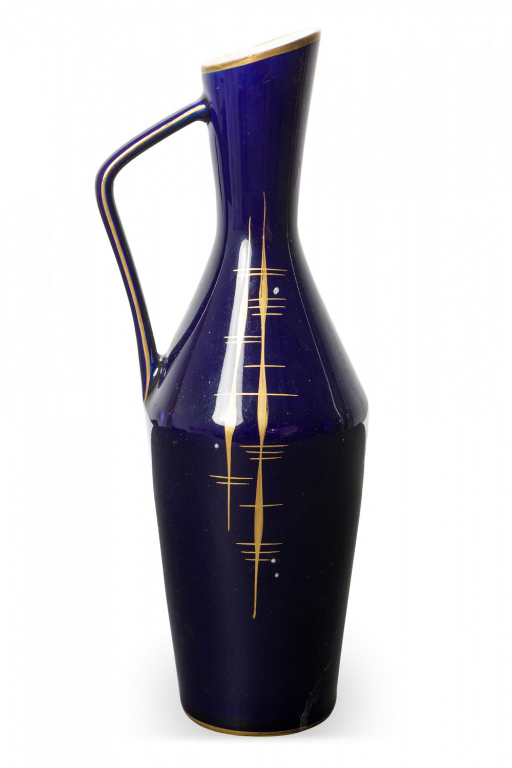Echt Kobalt German Mid Century Feathered Vertical Gold Line Design Deep Blue Glazed Ceramic Pitcher