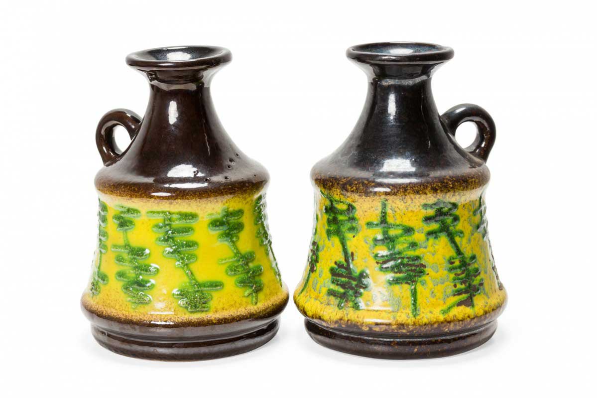 Pair of Similar German Mid Century Yellow and Green Patterned Band Brown Glazed Ceramic Jugs