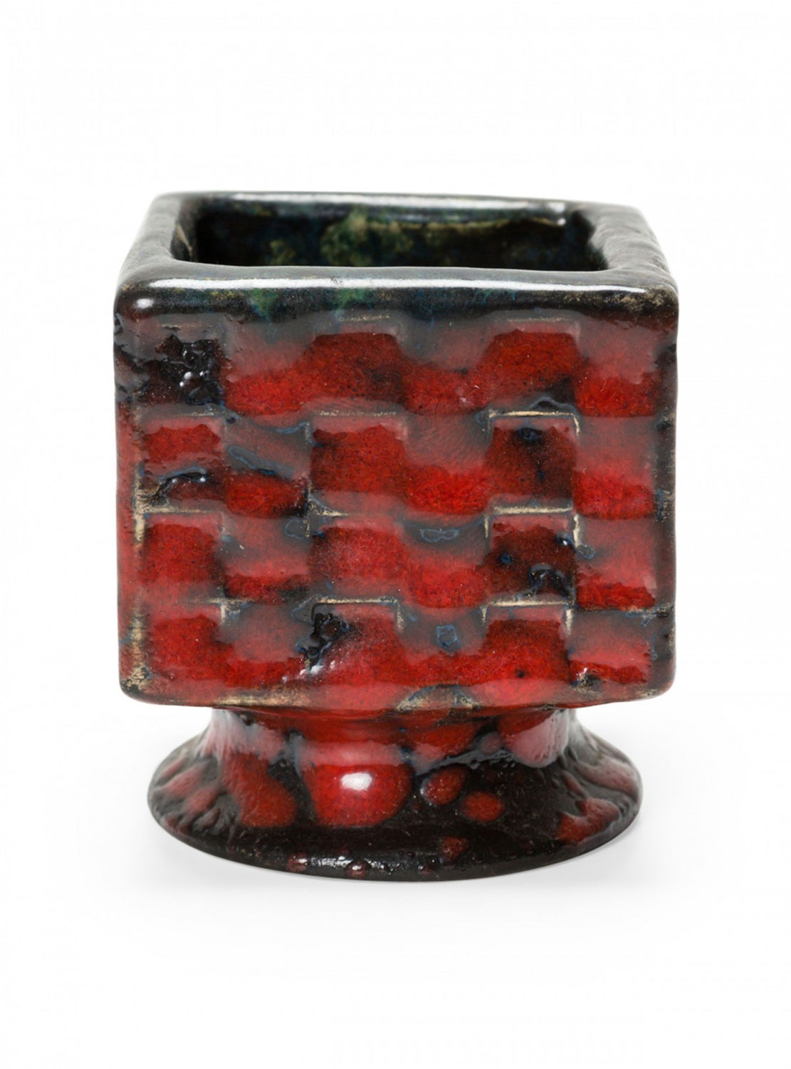 German Mid Century Square Form Footed Red and Black Glazed Ceramic Vase