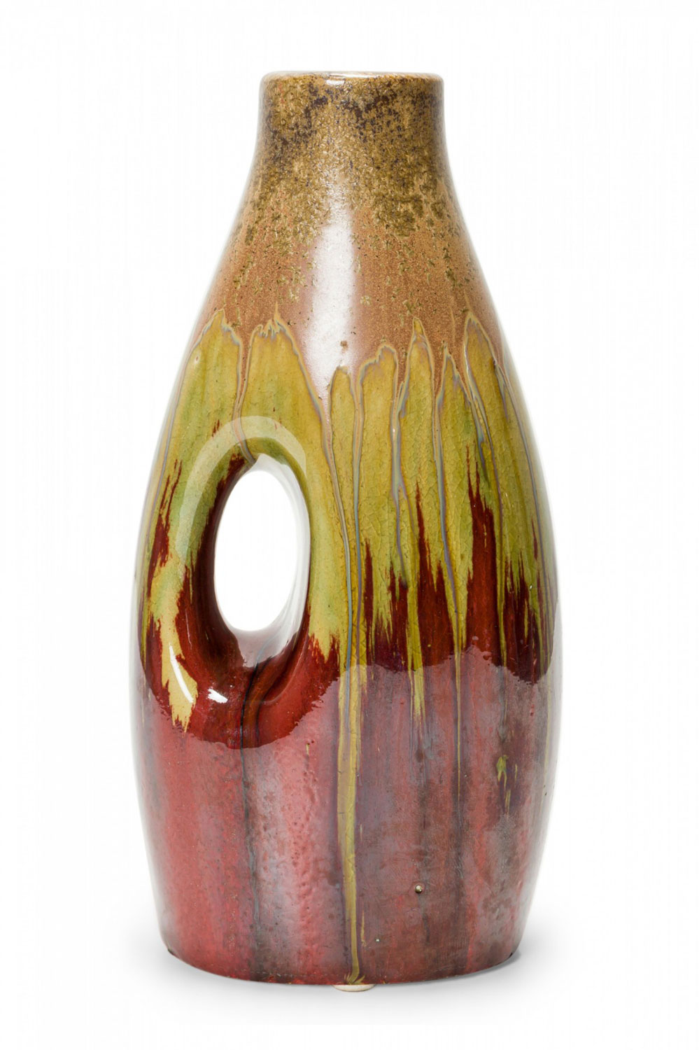 German Mid Century Beige Green and Brown Drip Glazed Cutout Form Ceramic Vase