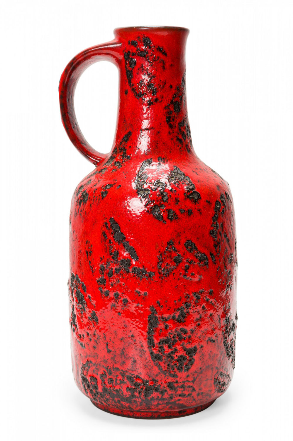 German Mid Century Fat Lava Red and Black Glazed Ceramic Vase with Handle