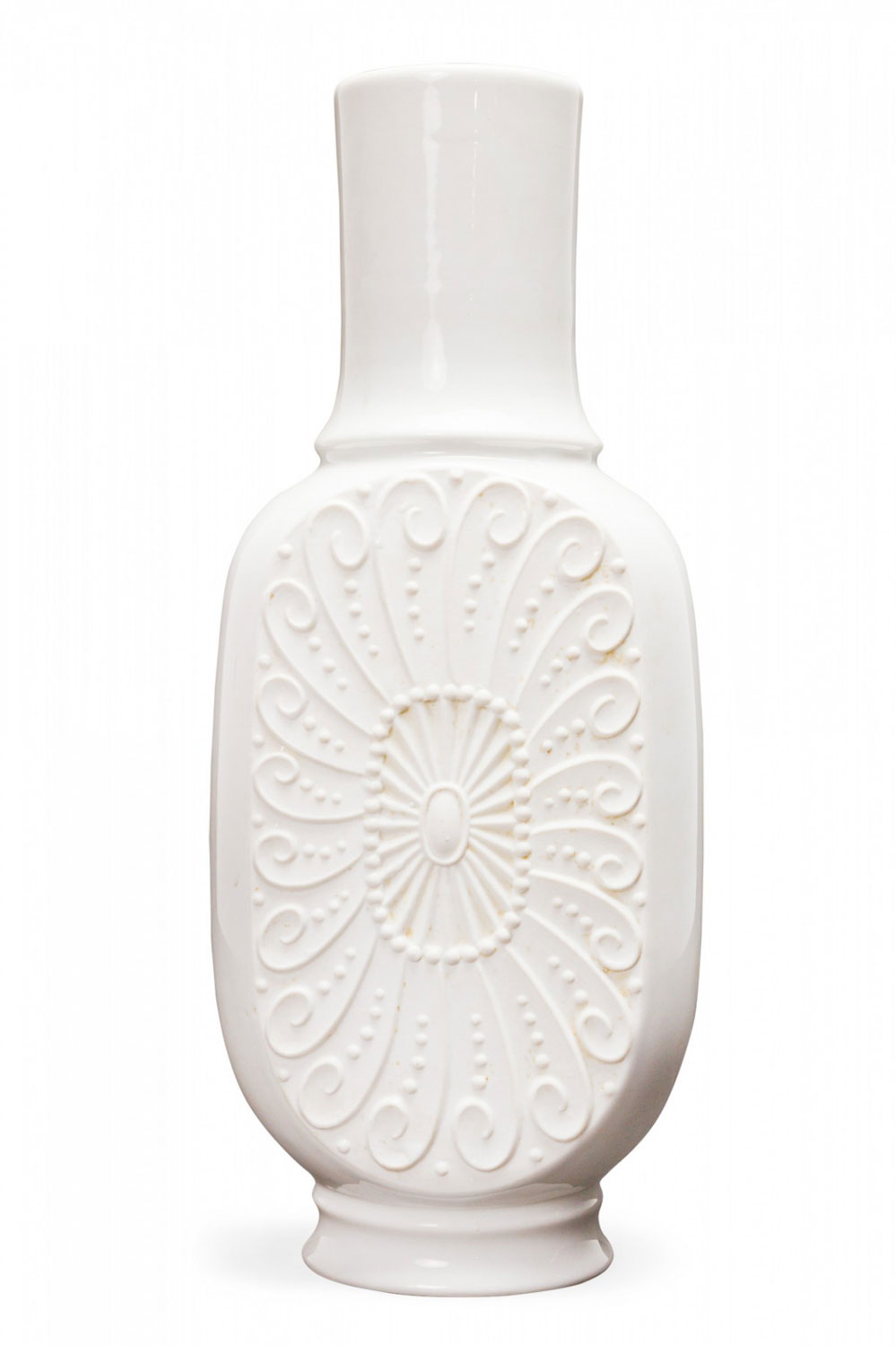 KPM West German Mid Century Raised Medallion and Spiral Pattern White Porcelain Vase