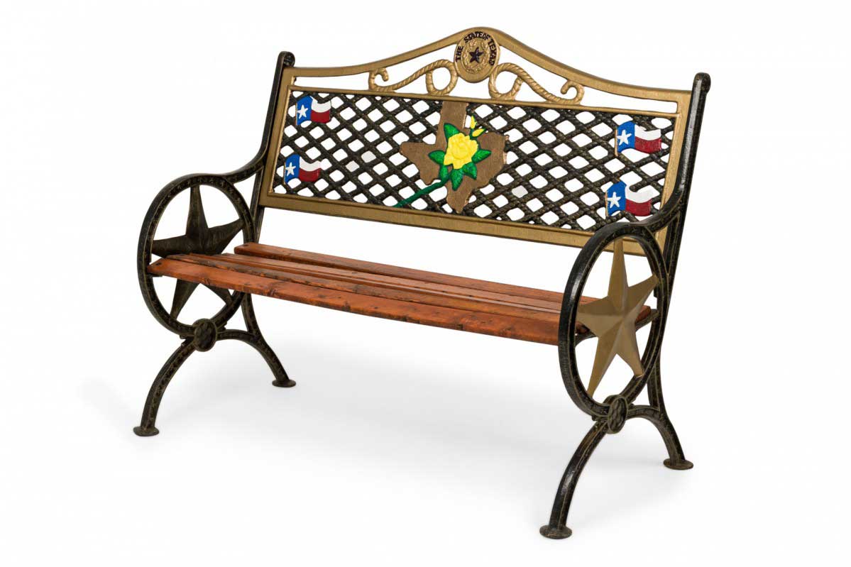Contemporary American Cast Iron and Wood Polychromed Texas Motif Bench