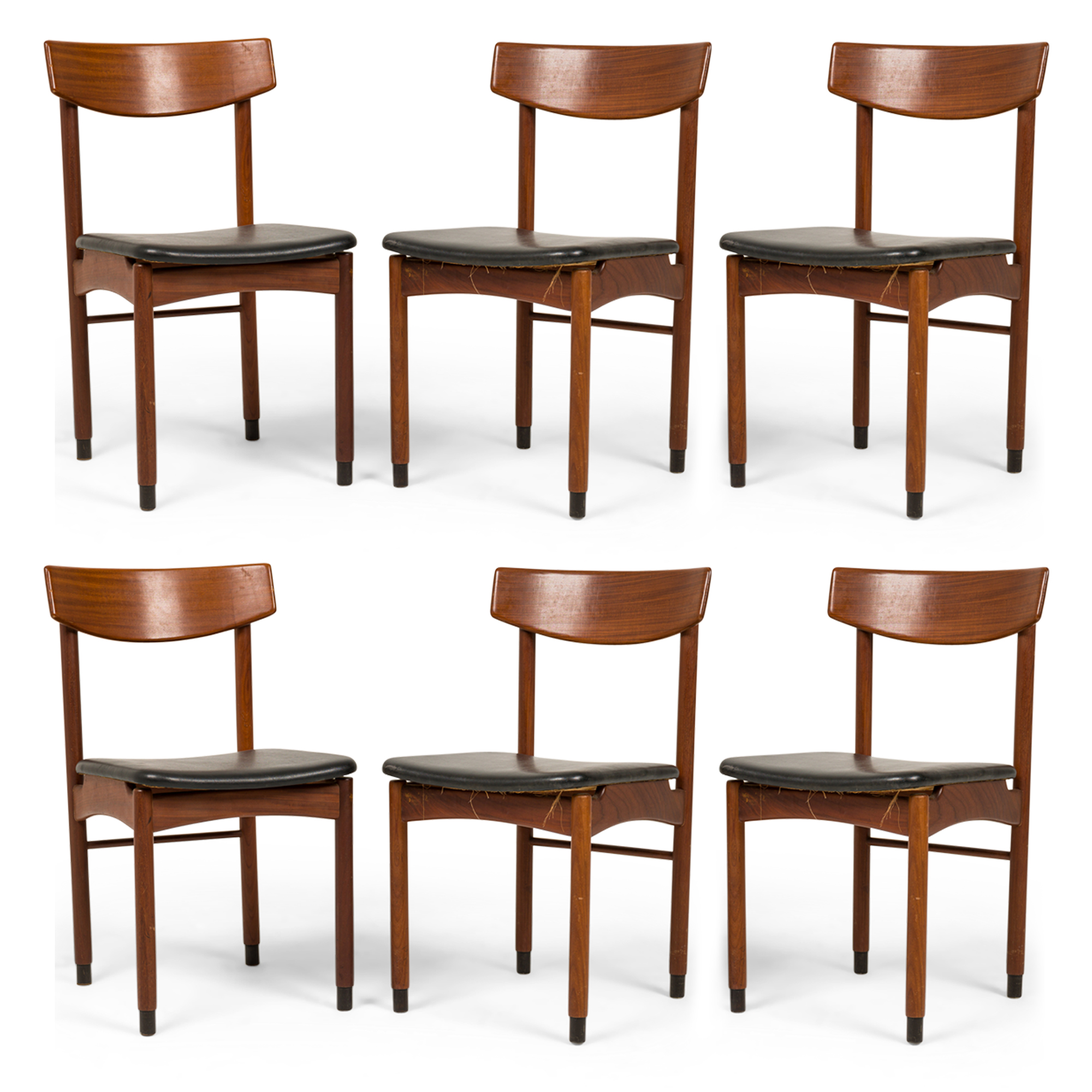 Set of 6 Italian Mid Century Teak and Black Faux Leather Side Dining Chairs