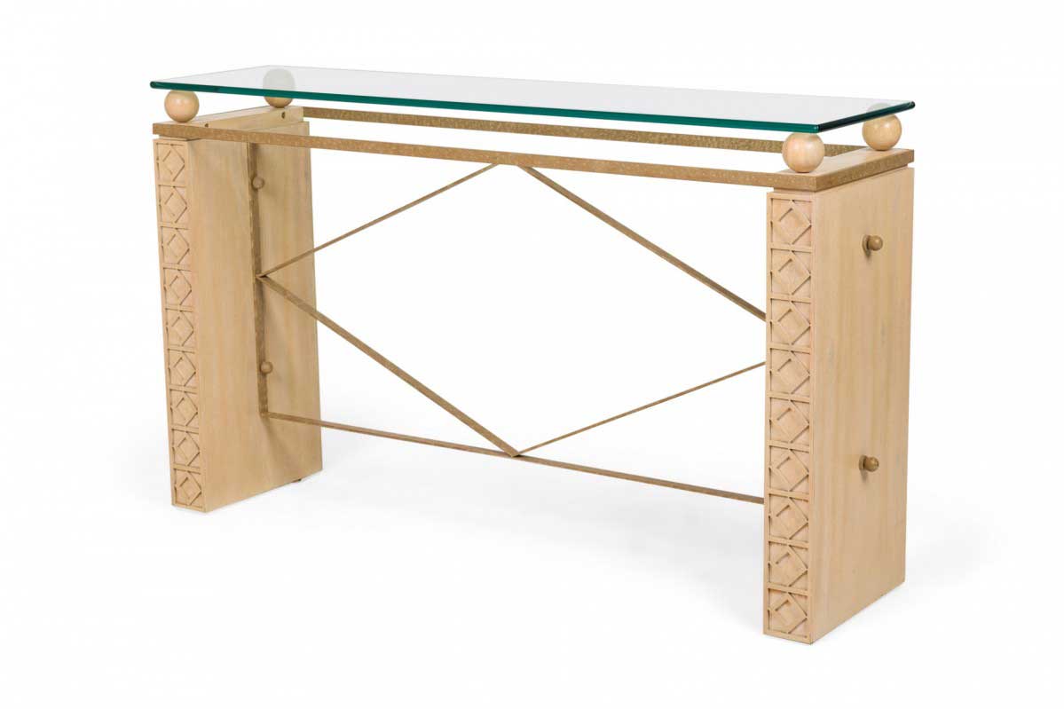 American Mid Century Limed Oak Iron and Glass Carved Console Table