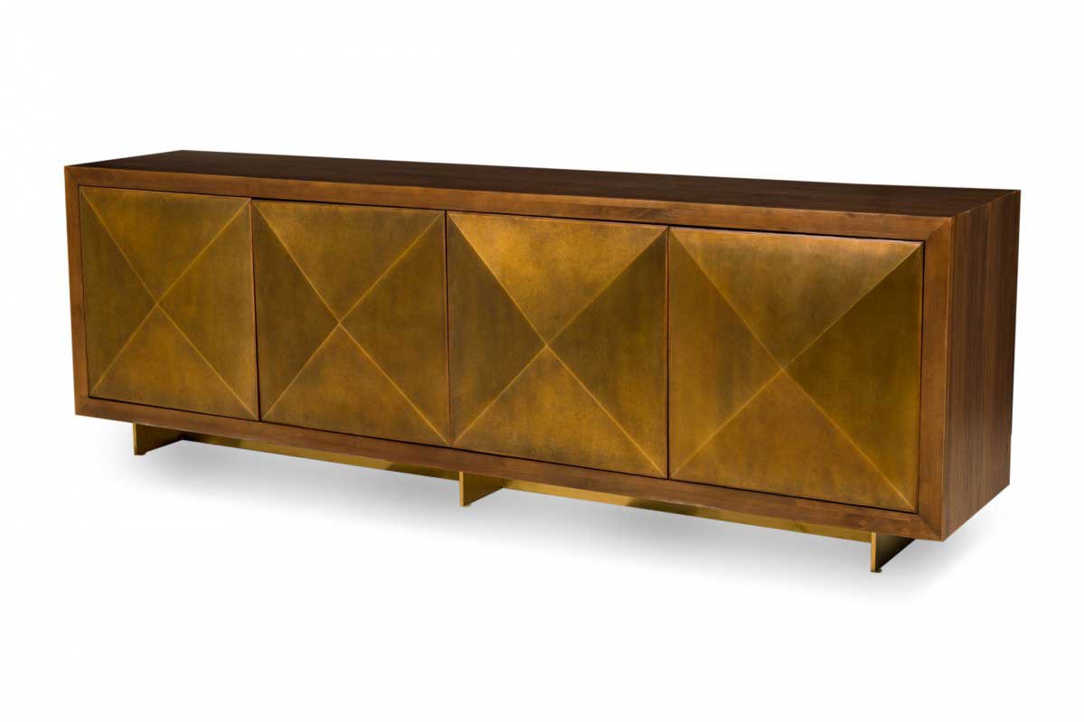 Contemporary gilt wood and brass faceted front sideboard