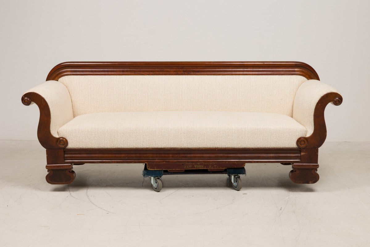 American empire style carved mahogany and beige upholstery sofa 1