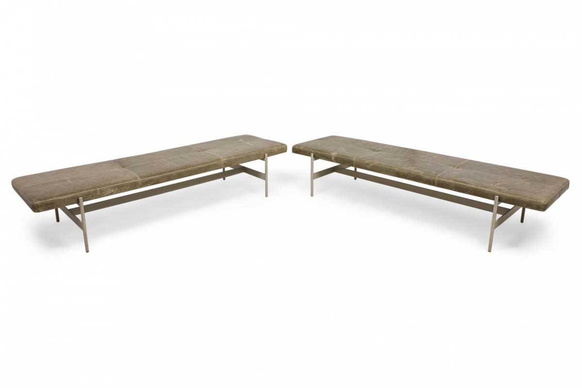 3 contemporary sage green gray leather and metal rectangular benches