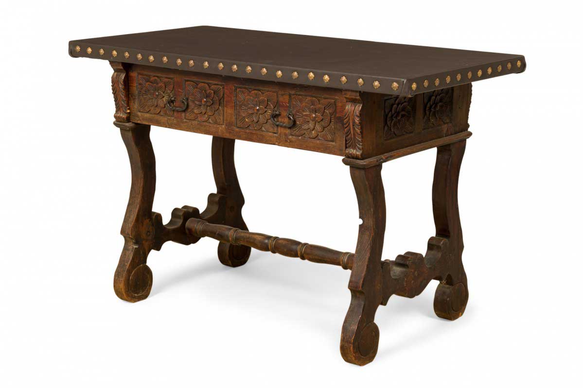 English jacobean style carved mahogany leather top console table