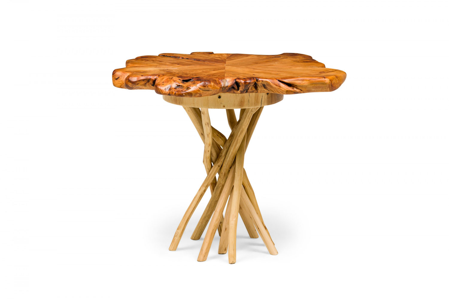 Rustic wood round side table with organic top and branch base