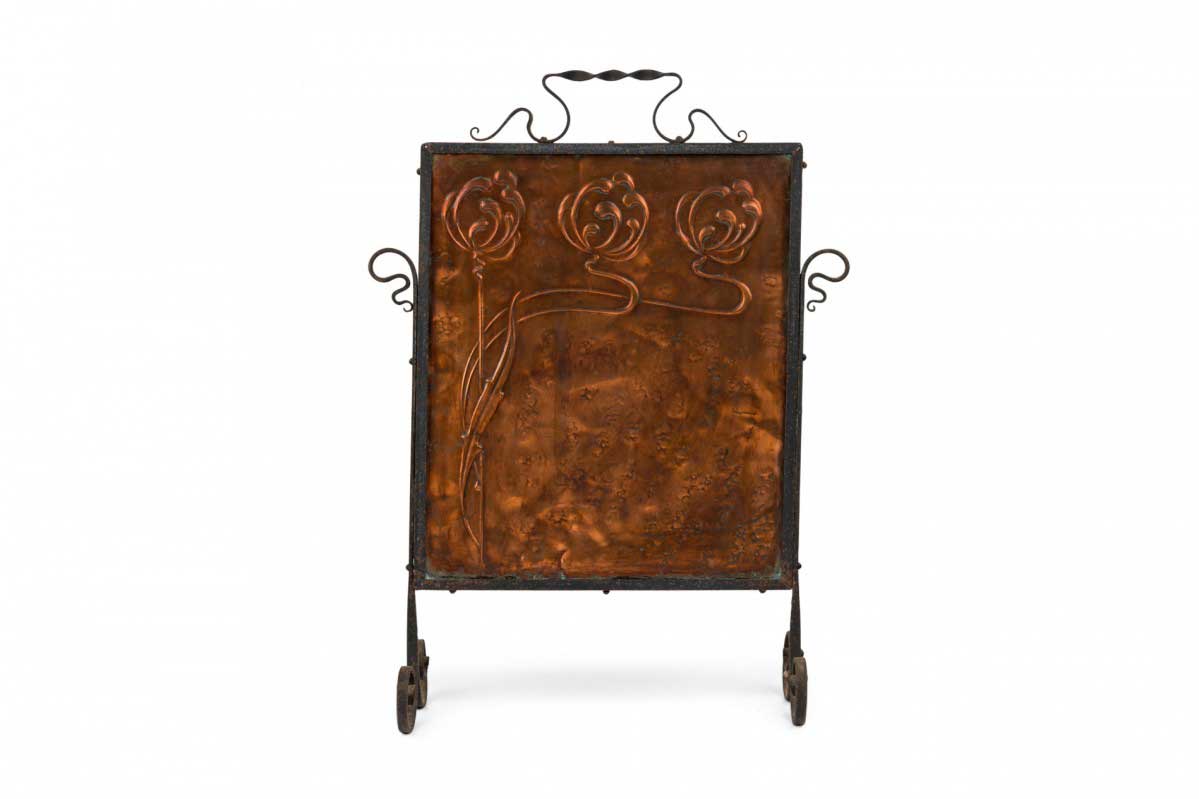 English arts & crafts style wrought iron and pressed copper fire screen