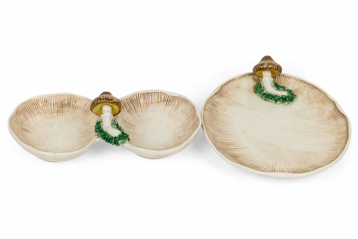 2 piece vintage ceramic mushroom motif serving plate set