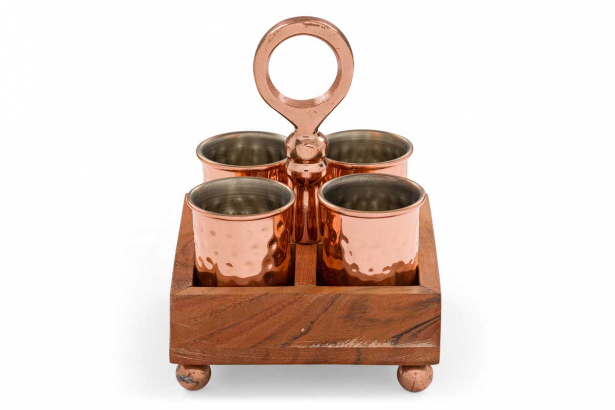 Set of 4 contemporary hammered copper shot glasses in a wooden case
