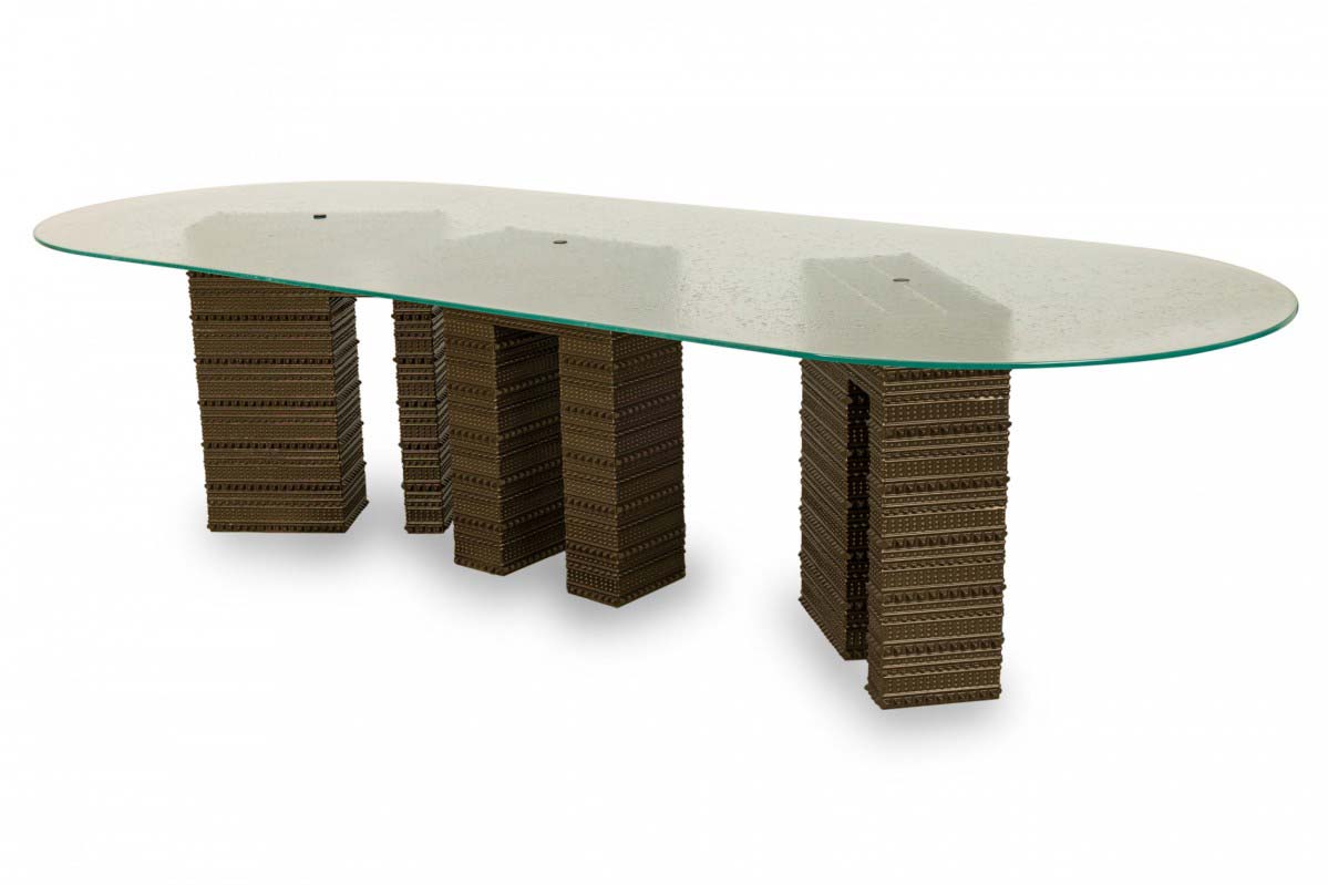 Contemporary abstract geometric three metal pedestal seeded glass top dining conference table
