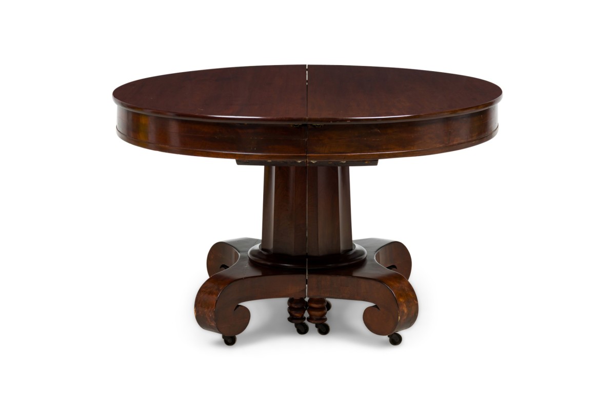 American empire circular dining table with mahogany veneer and 3 large leaves