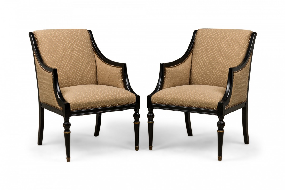 Pair of mid century french beige upholstered and black wooden frame bergere armchairs
