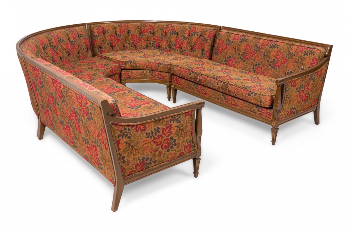Mid century american 4 piece walnut and floral fabric upholstered sectional sofa