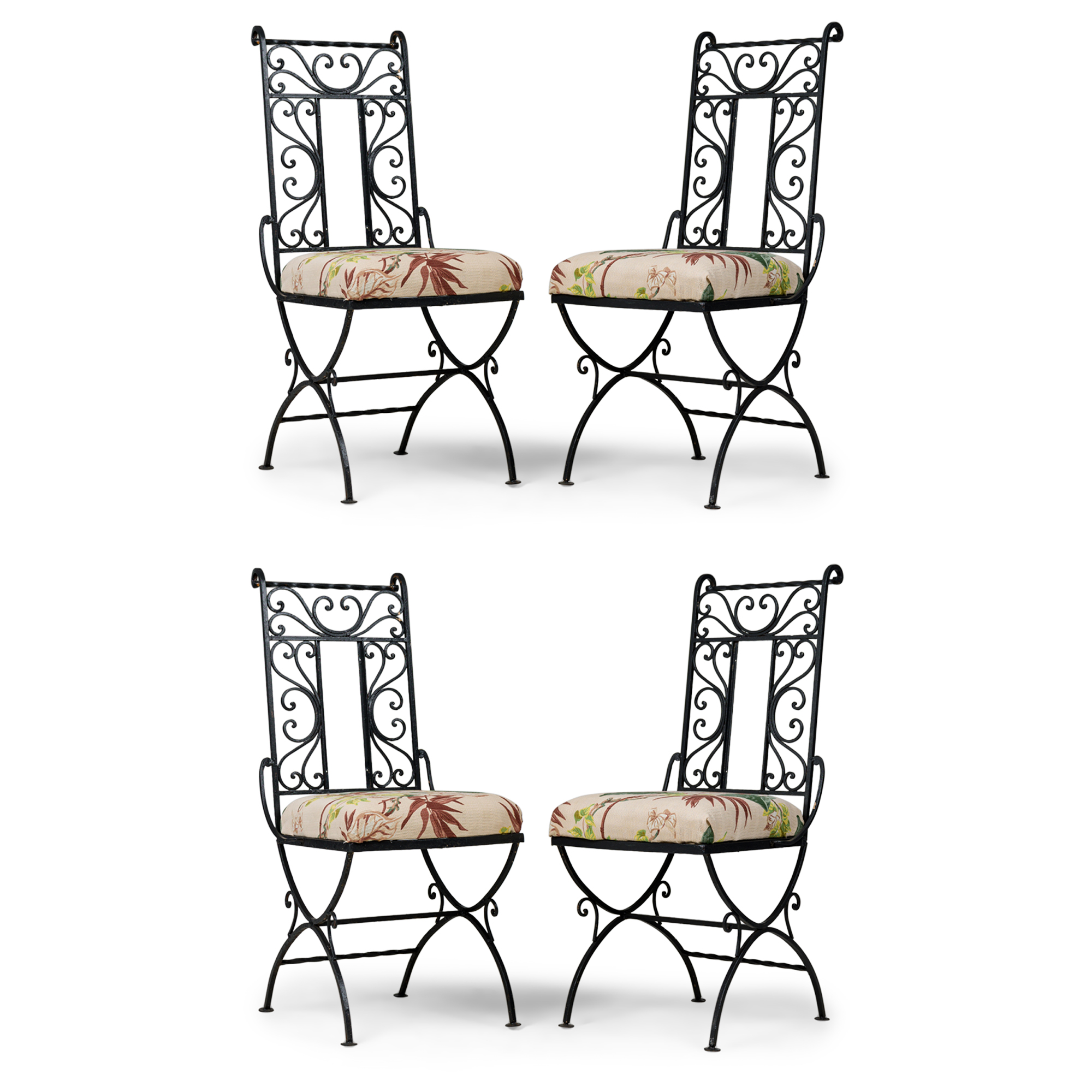Set of 4 mid century black wrought iron floral upholstered side chairs