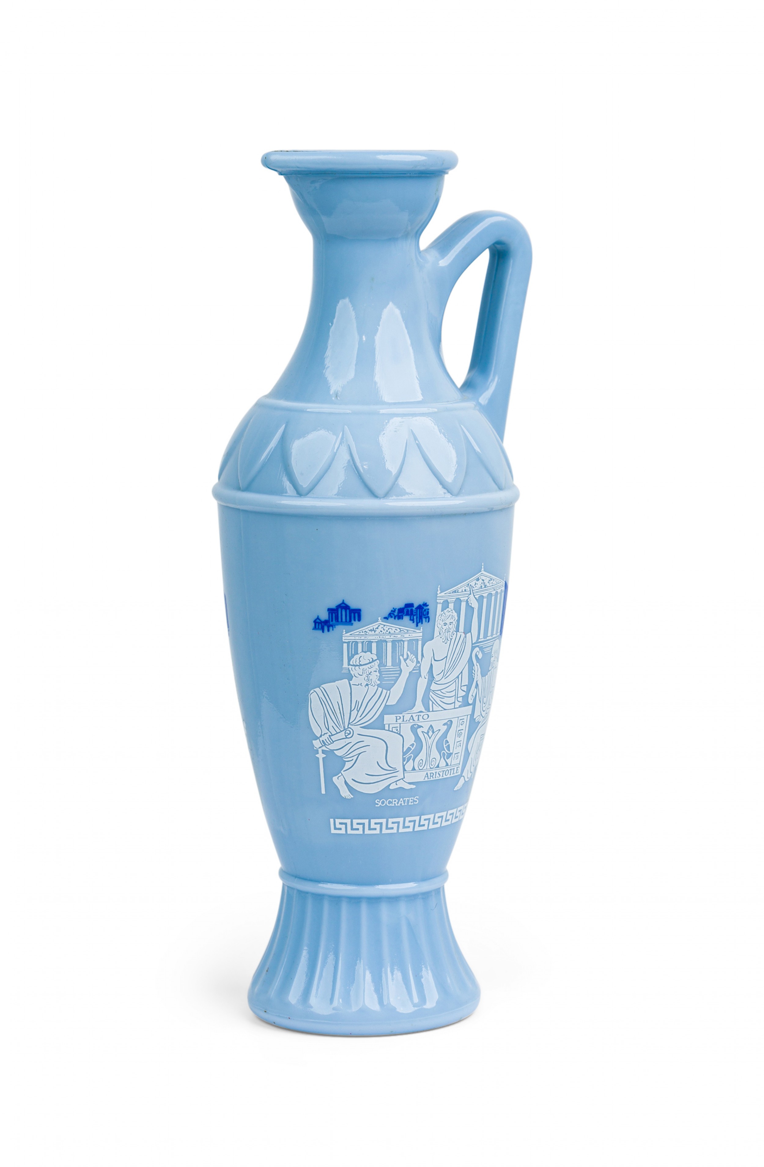 Mid century jim beam novelty light blue milk glass greek philosopher motif bourbon pitcher