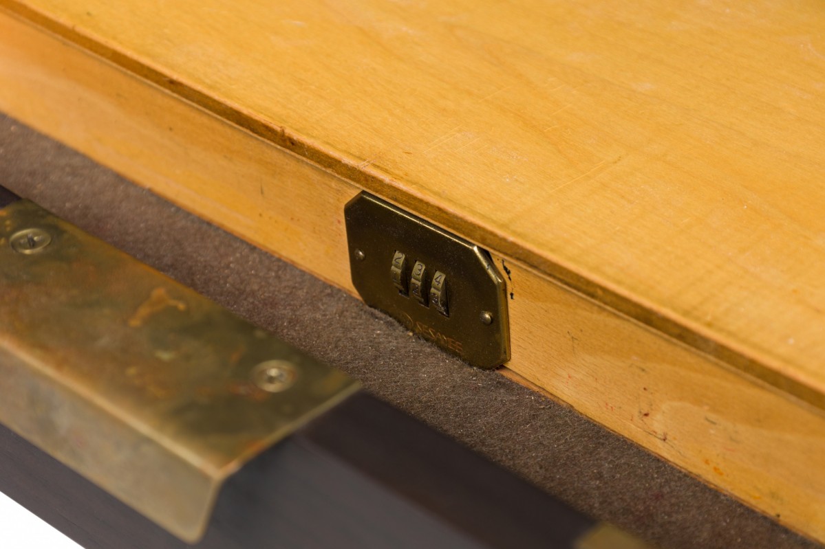 Standard furniture co mid century american dark wood veneer and brass