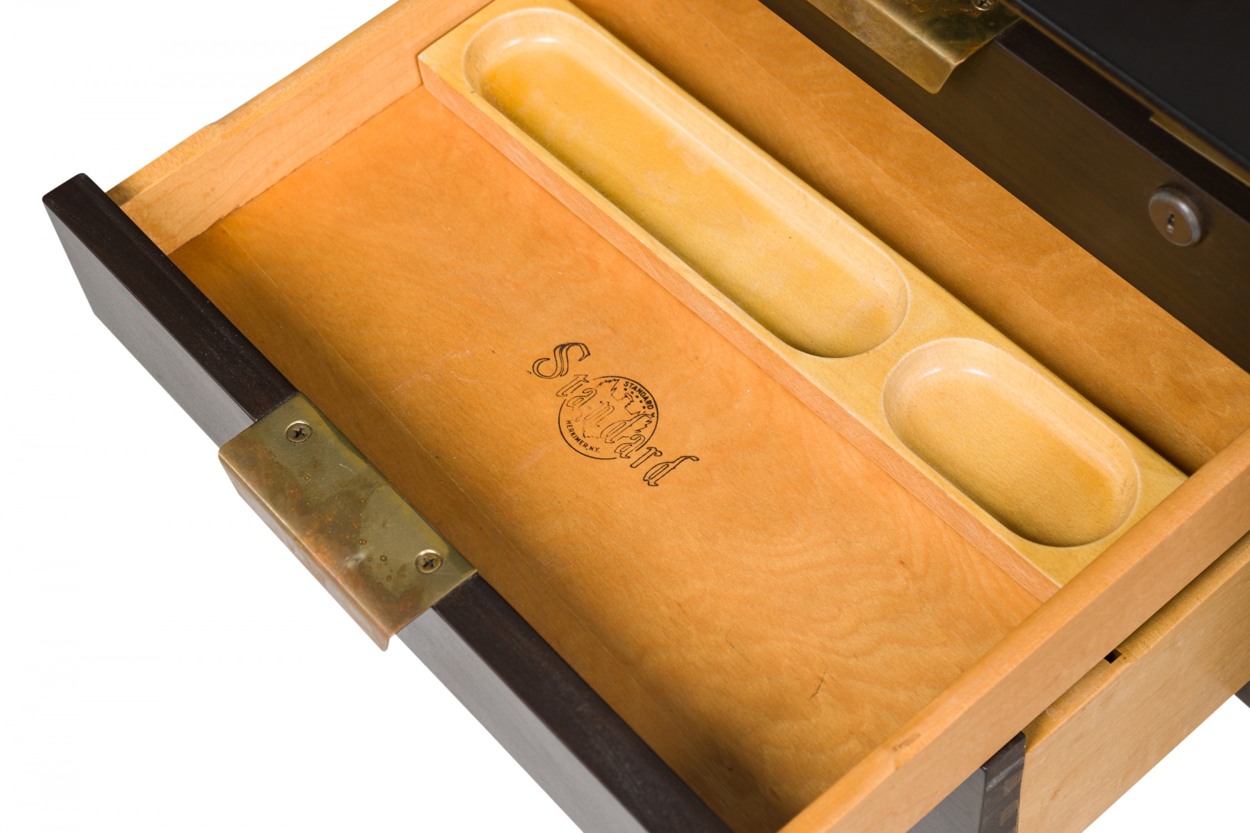 Standard furniture co mid century american dark wood veneer and brass