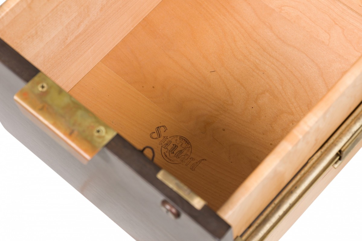 Standard furniture co mid century american dark wood veneer and brass