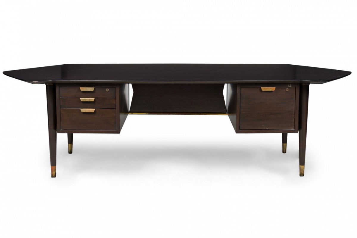 Standard furniture co mid century american dark wood veneer and brass