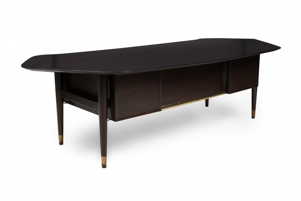 Standard furniture co mid century american dark wood veneer and brass