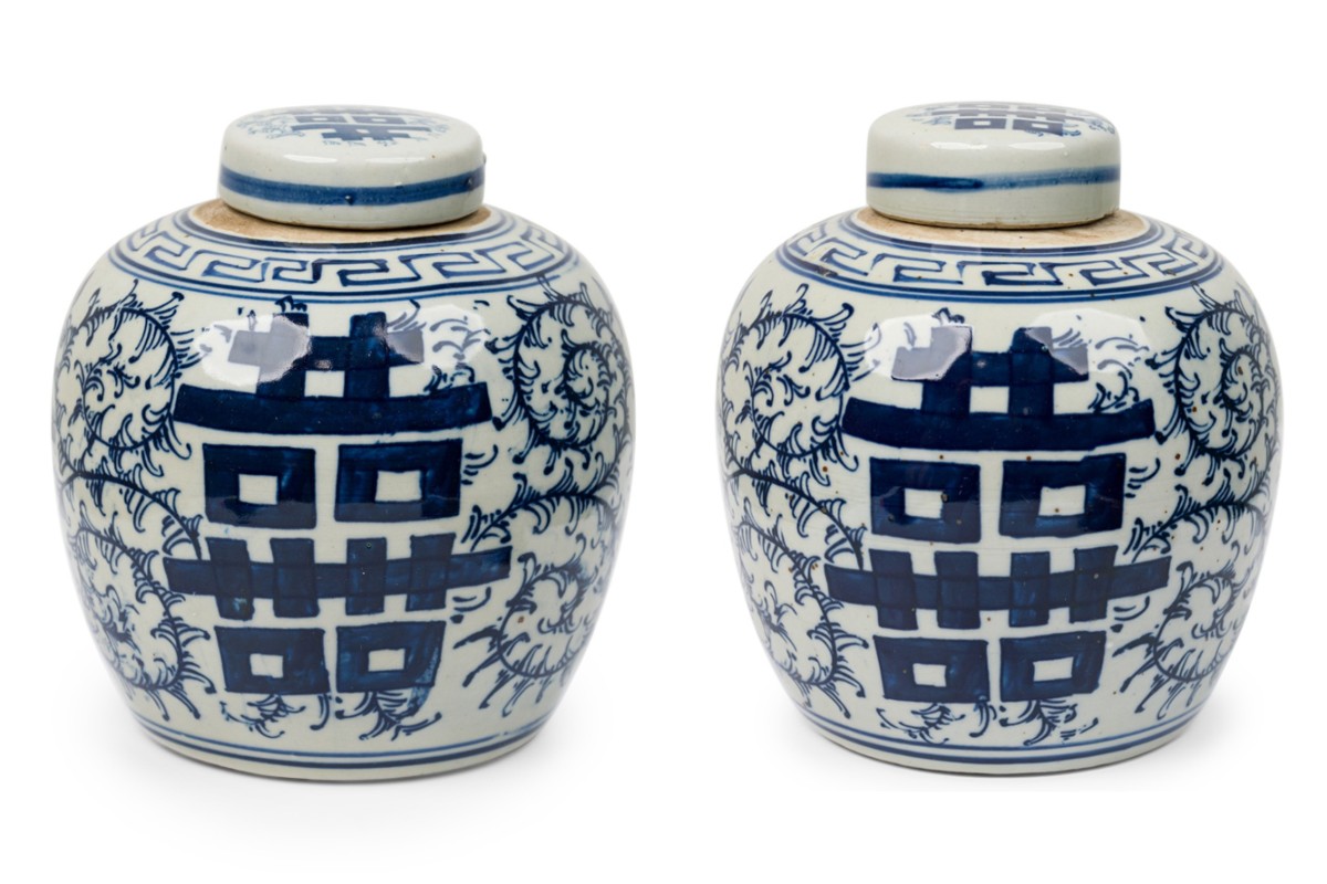 Pair of chinese blue white porcelain covered jars with floral decoration calligraphy