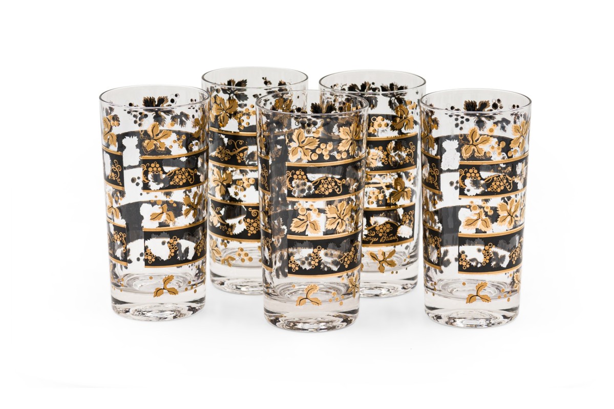 Set of 5 continental black and gold glasses 